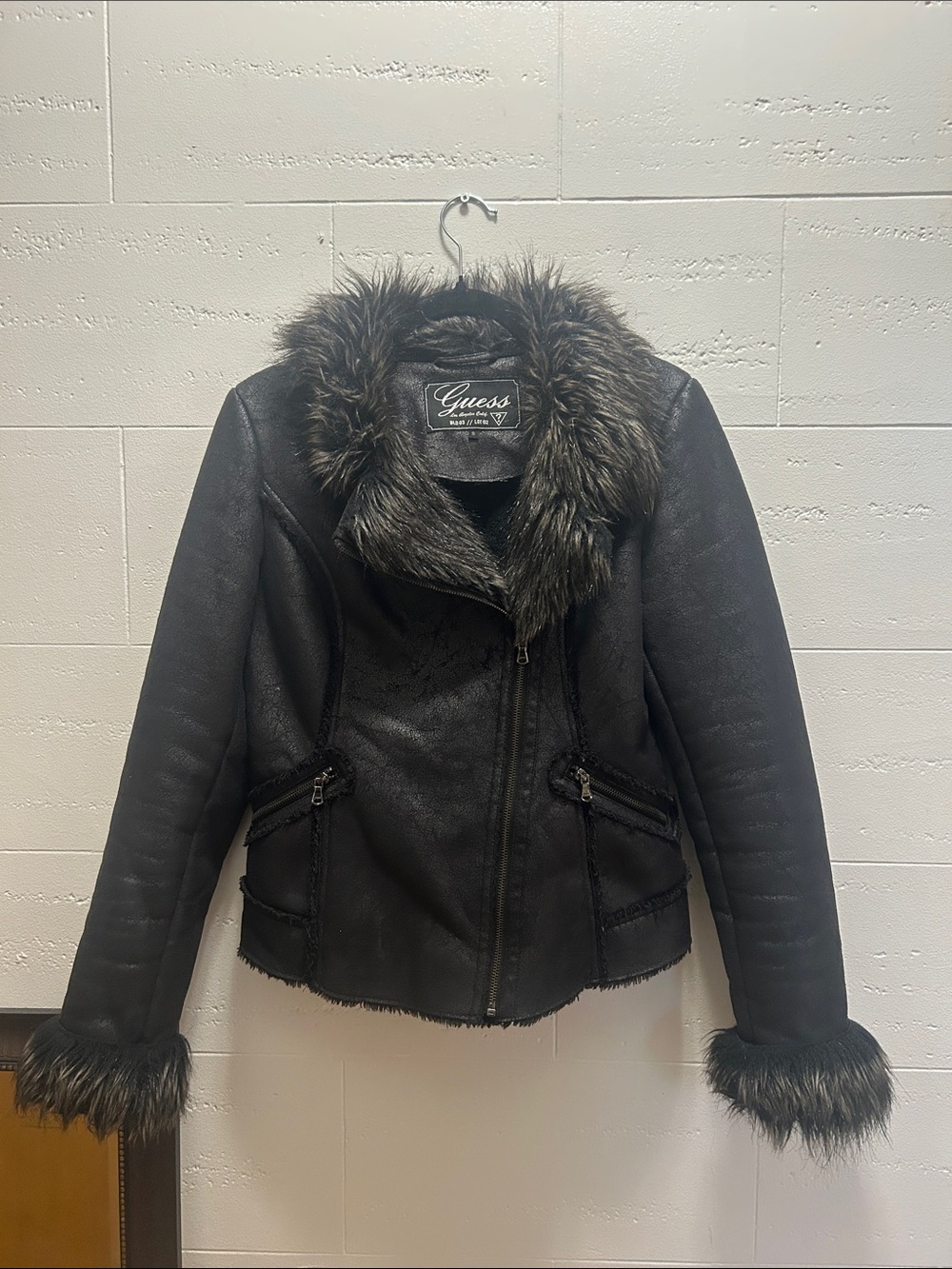 GUESS Black Faux Leather Jacket with Dark Faux Fur Collar and Cuffs